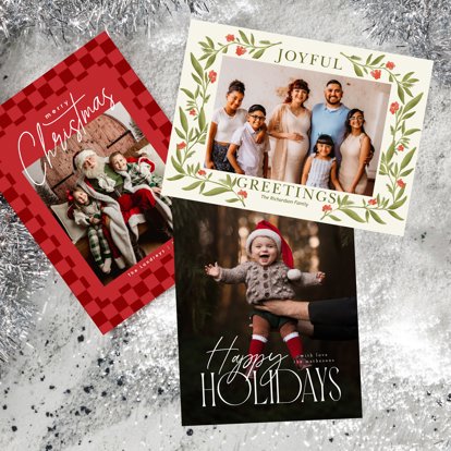 A selection of 3 holiday cards from Mpix showing different design options and greetings.