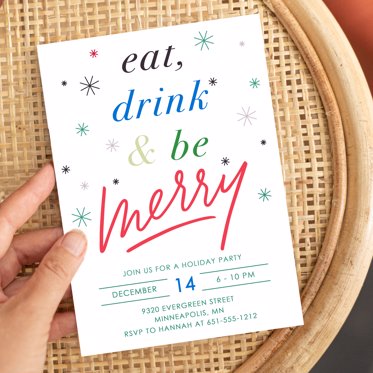 A holiday party invitation from Mpix with message inviting attendees to eat drink and be merry in colorful lettering, on a white background with colorful snowflakes, featuring personalized party details. 
