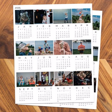 One sheet photo calendars from Mpix with twelve photos for each month and a calendar grid on a single piece of photo paper. 