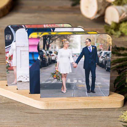 a couples wedding day photos printed on personalized coasters