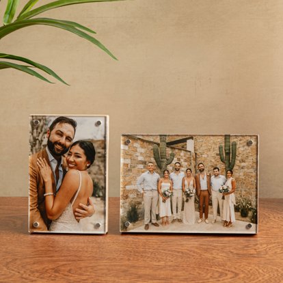 Two tabletop birch photo blocks featuring a bride and groom and their wedding party.