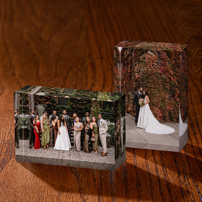 mini acrylic photo blocks featuring wedding pictures