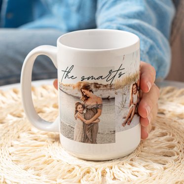 A hand holding a ceramic photo mug from Mpix featuring a collage design with photos and personalized text.
