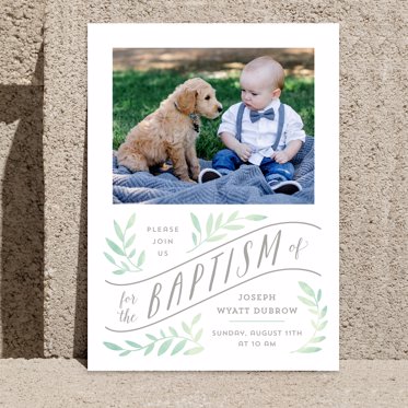 A baptism invitation from Mpix with floral accents and personalized details beneath a spot for your photos.