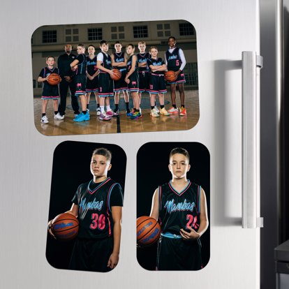 sports photos turned into magnets of different sizes, showing the multiple sizing options of our photo magnets