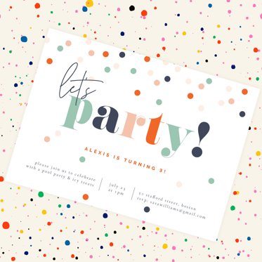 A custom birthday invitation with a colorful polka dot design and room for personalized party details.