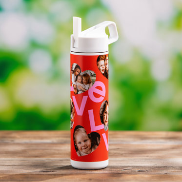 A personalized water bottle featuring a red background with various photos of kids in heart-shaped frame.