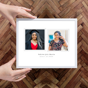 Framed photo collage from Mpix featuring two senior photos of an upcoming graduate with a thin silver metal frame. 