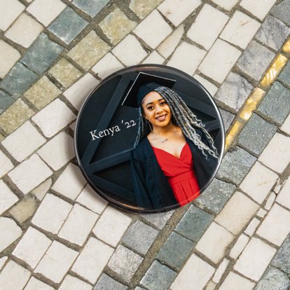 Personalized button with a graduation photo and custom text