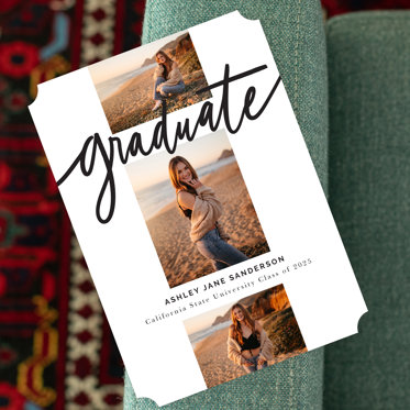 Graduation announcement card featuring three beachside photos of a young woman, with elegant 'graduate' script and personalized text for California State University Class of 2025.