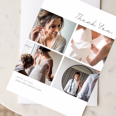 A Thank You Card from Mpix for a wedding featuring a grid of four photos with pictures from the wedding day. 
