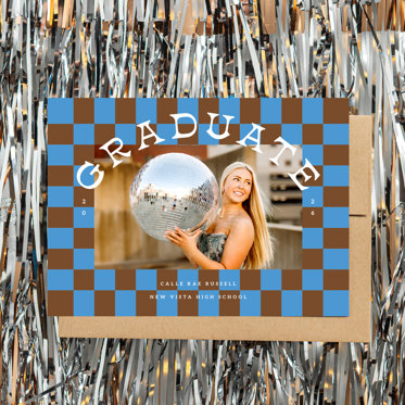 Mpix Graduation Invitation Card with a checkered design and white lettering featuring a rectangular personalized senior photo.