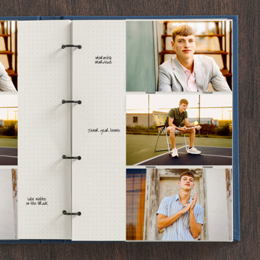 Slip-In Photo Album from Mpix sitting open on a table to show the binder and sleeved pages with senior 4x6 photo prints.