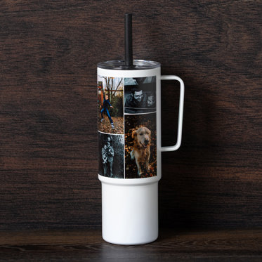 A straw cup tumbler on a table featuring a collage design of family and pet photos.