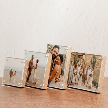 A photo showing the four different sizes of birch photo blocks - 4x4â, 4x6â, 5x5â, and 5x7â.