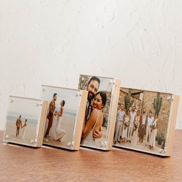 A photo showing the four different sizes of birch photo blocks - 4x4”, 4x6”, 5x5”, and 5x7”.