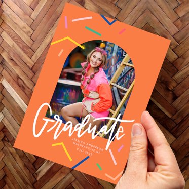 Graduation party invitation from Mpix with a bright orange background and colorful confetti surrounding a personalized photo of the upcoming graduation and room for personalized details of the grad party.