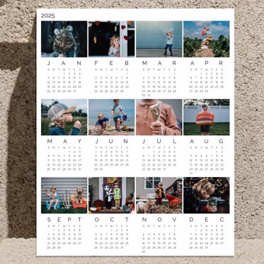 A single sheet photo calendar from Mpix with 12 personalized photos and months arranged in a grid on a single sheet of photo paper with a white background
