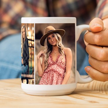 A personalized photo mug from Mpix on a wood table featuring a collage of senior photos of an upcoming graduate. 