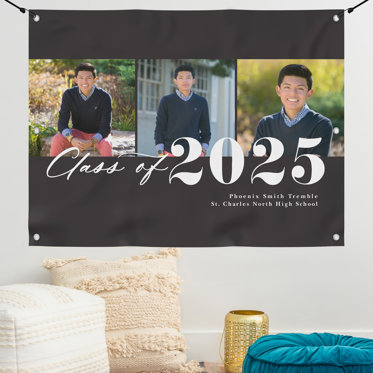 A personalized banner made for a graduation party with a collage of three senior photos and text reading "Class of 2025"