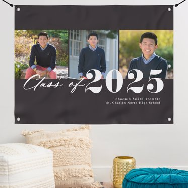 Black graduation banner from Mpix with class of 2025 written in large white font and room for a collage of three senior photos. 