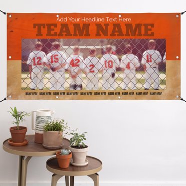 A personalized vinyl banner from Mpix on the wall featuring a sports team photo with room for the team name and additional personalized text. 