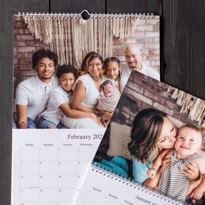 Premium quality wall calendars from Mpix, featuring a top fold and center fold version with large photos to personalize each month. 