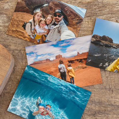 A collection of summer snapshots turned into 4x6 prints featuring a family on vacation.